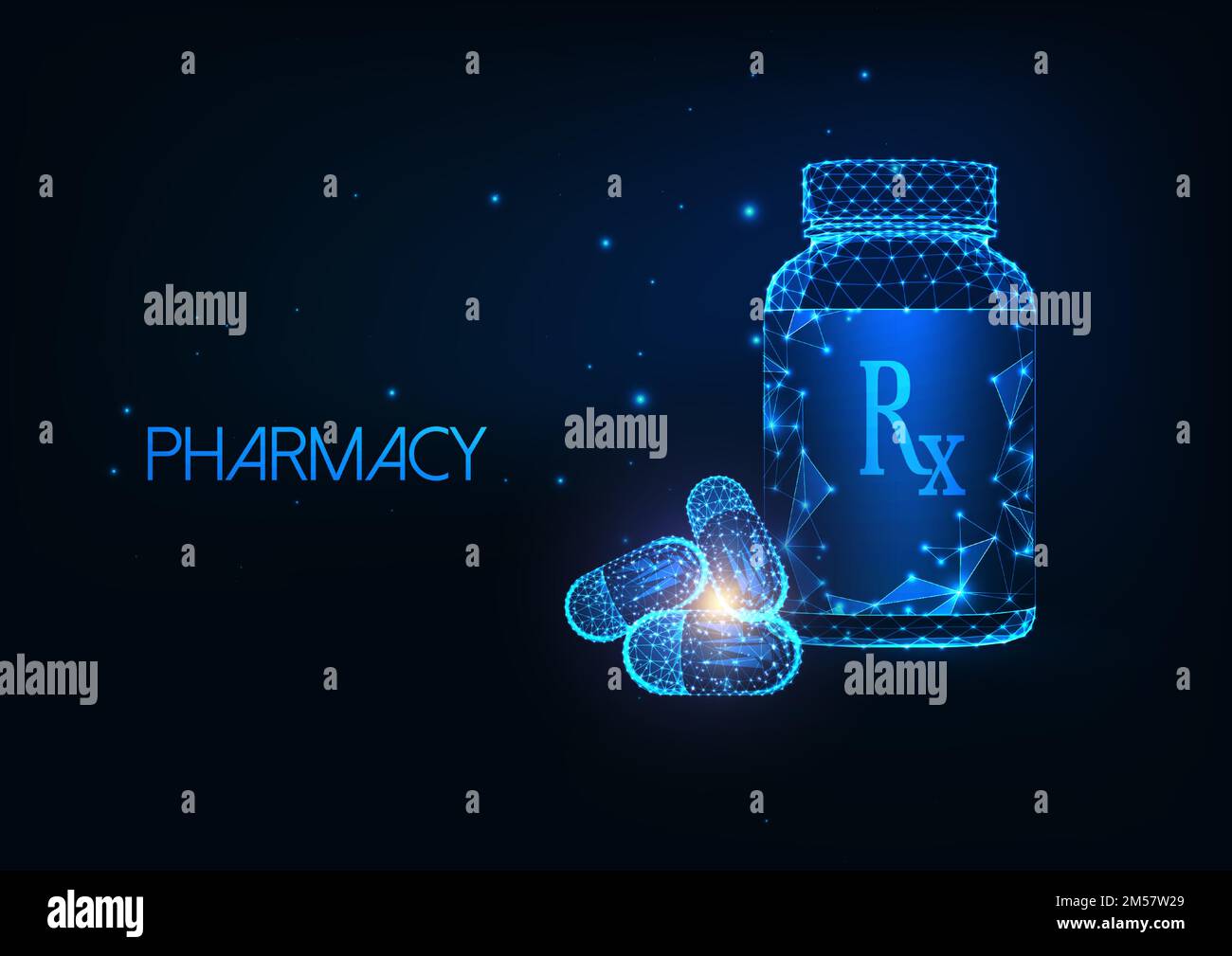 Futuristisches Pharmazie-Konzept mit leuchtend polygonalen Medikamentenbehältnissen und Kapselpillen auf dunkelblauem Hintergrund. Modernes Drahtgitter Stock Vektor