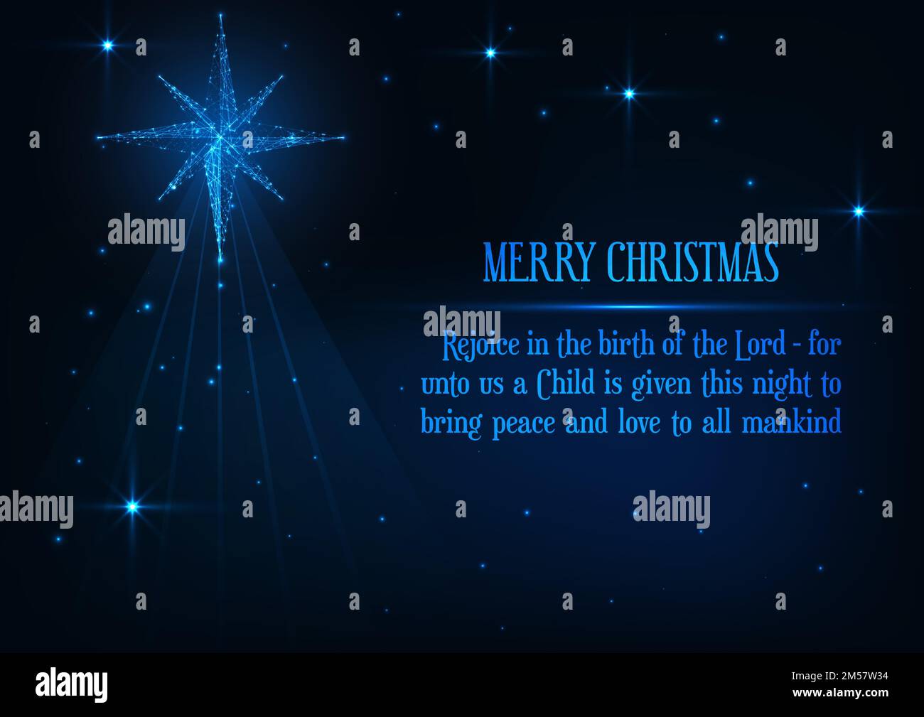 Frohe Weihnachtsgrußkarte mit leuchtendem, polygonalen Krippenstern und religiösem Stern auf dunkelblauem Hintergrund. Jesus Geburt Christian h Stock Vektor