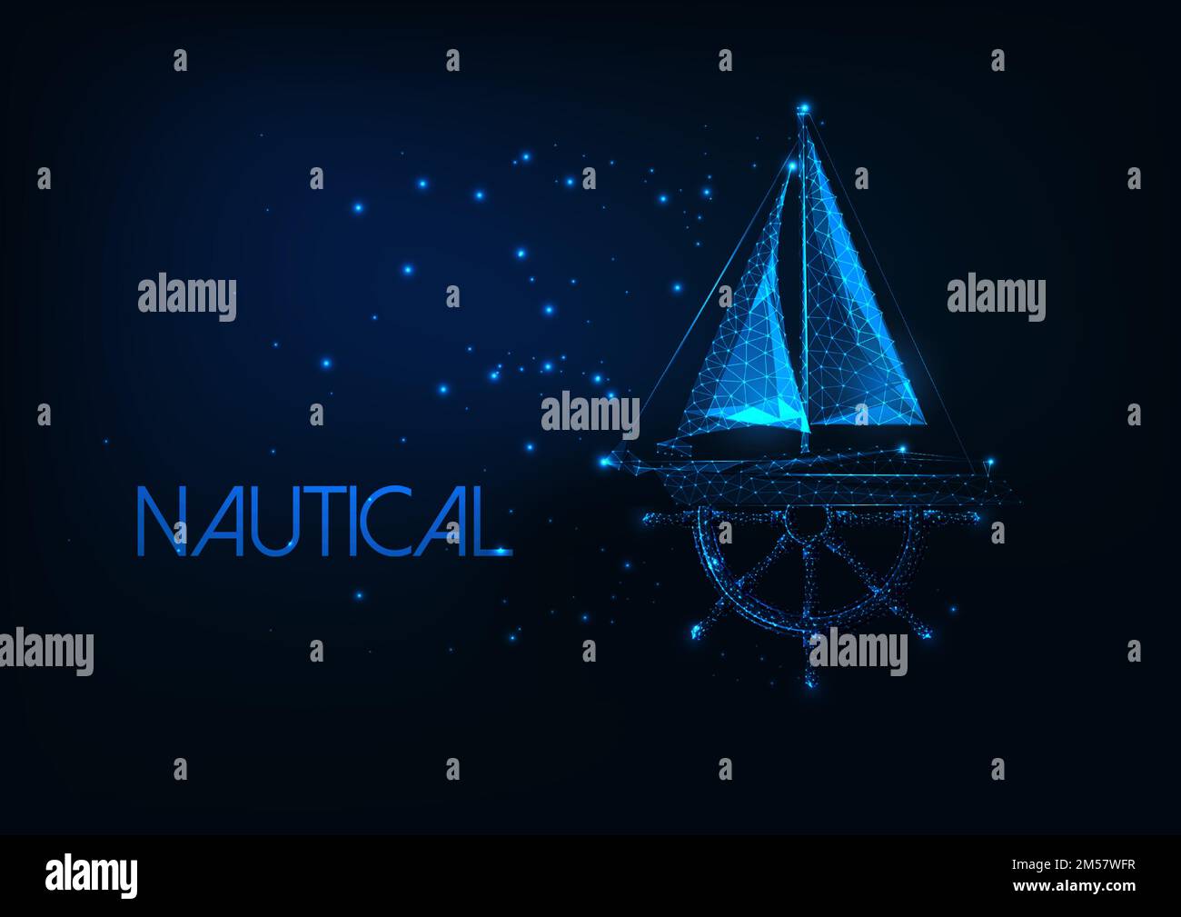 Futuristisches nautisches Konzept mit leuchtendem niedrig polygonalen Yachtboot und Schiffsrad aus Linien, Sternen und hellen Partikeln auf dunkelblauem Hintergrund. Modern Stock Vektor