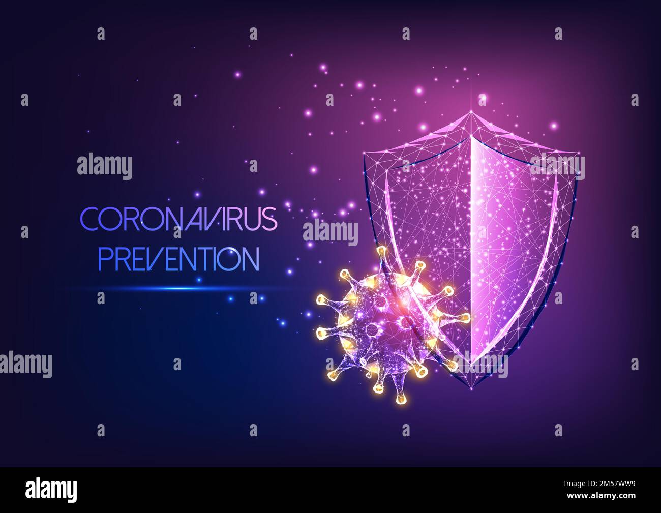 Futuristischer Schutz des Immunsystems vor dem Coronavirus Krankheitskonzept Covid-19 mit glühendem Low Poly Shield und Viruszellen auf dunkelviolettem Hintergrund. Stock Vektor