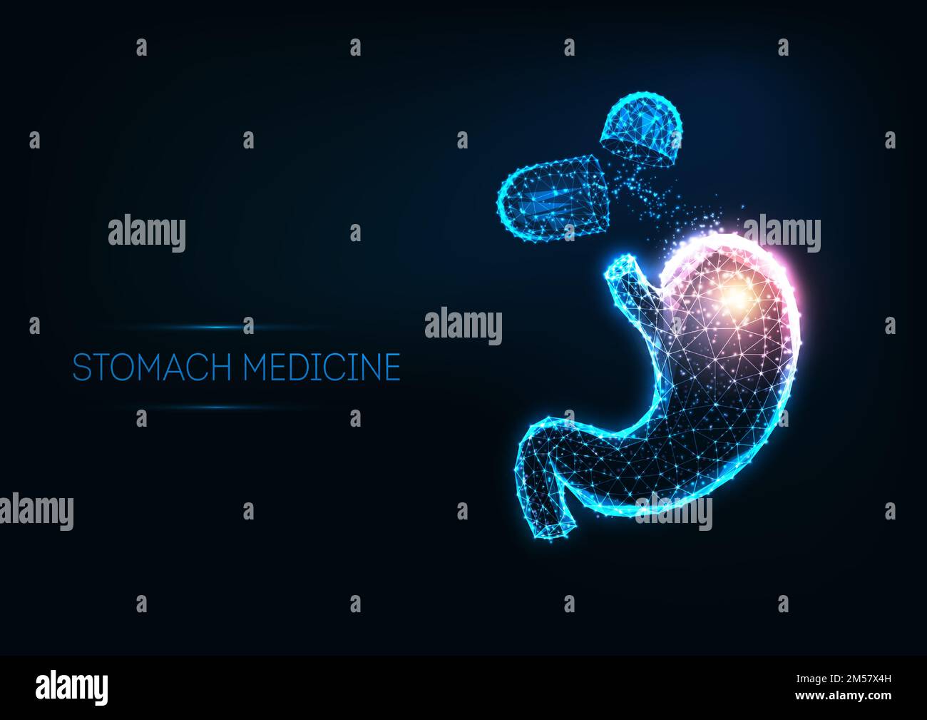 Futuristisches magenmedizinisches Konzept mit leuchtenden niederpolygonalen menschlichen Magen- und Kapselpillen auf dunkelblauem Hintergrund. Moderne Drahtmodelle Stock Vektor