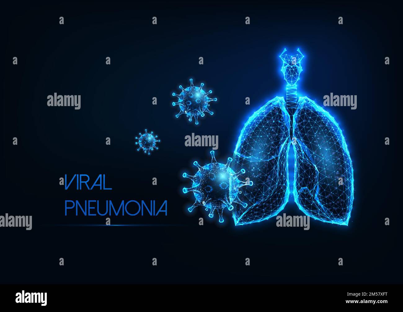 Futuristisches Coronavirus-sars-cov2-Forschungskonzept mit glühenden niederpoly Viruszellen unter Lupe auf dunkelblauem Hintergrund. Virologie, Immunolo Stock Vektor