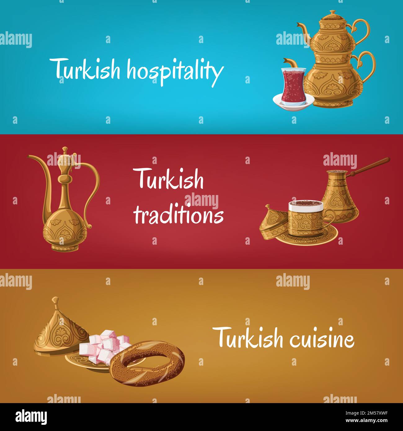 Türkische Touristik-Banner mit Messing-Utensilien, doppelte Teekanne, Teeglas, Locum, Krug, Kaffee, simit Türkische Gastfreundschaft, Traditionen, Küche. Reisen Stock Vektor