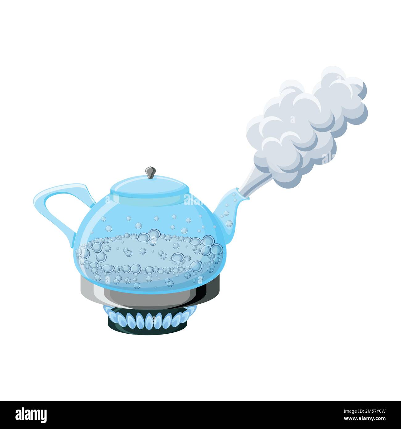 Wasserkocher aus transparentem Glas mit kochendem Wasser und Dampf auf einem Gasherd, isoliert auf weißem Hintergrund. Cartoon-Vektordarstellung im flachen Stil. Stock Vektor
