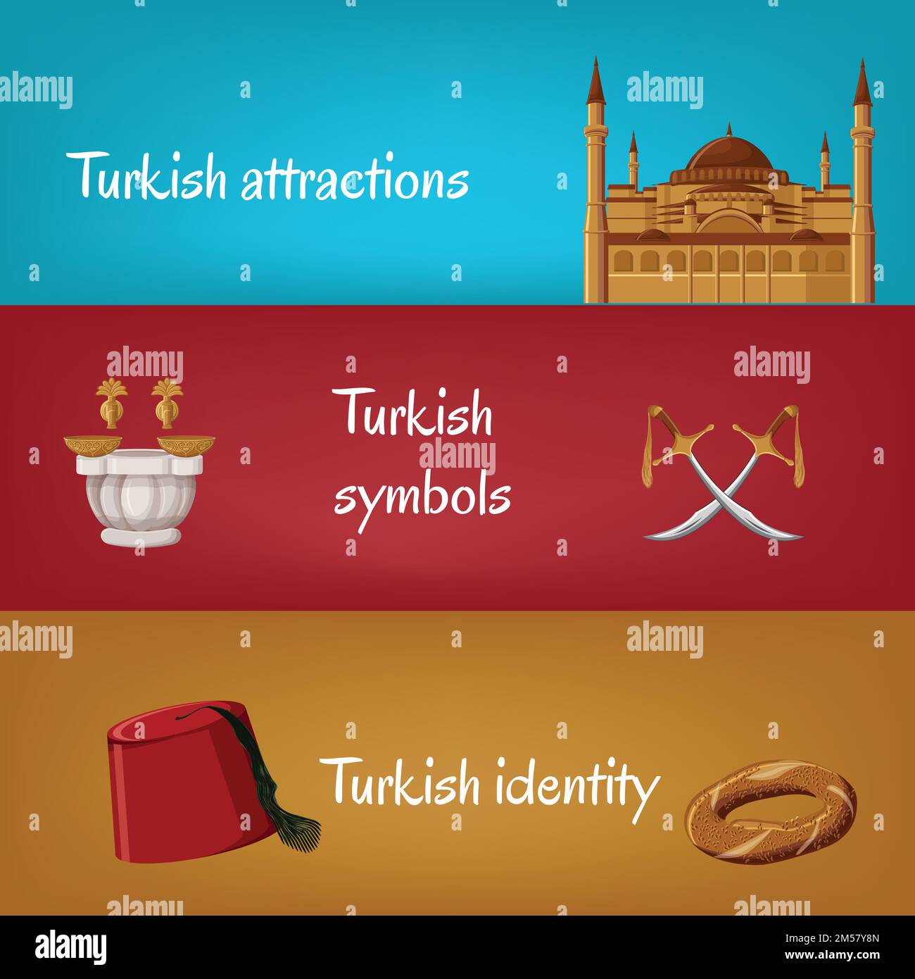 Türkische touristische Banner mit traditionellen Symbolen fez, Simit, Schwerter, Hamam, Hagia Sophia. Türkische Attraktionen, Symbole, Identität. Reise in die Türkei Stock Vektor