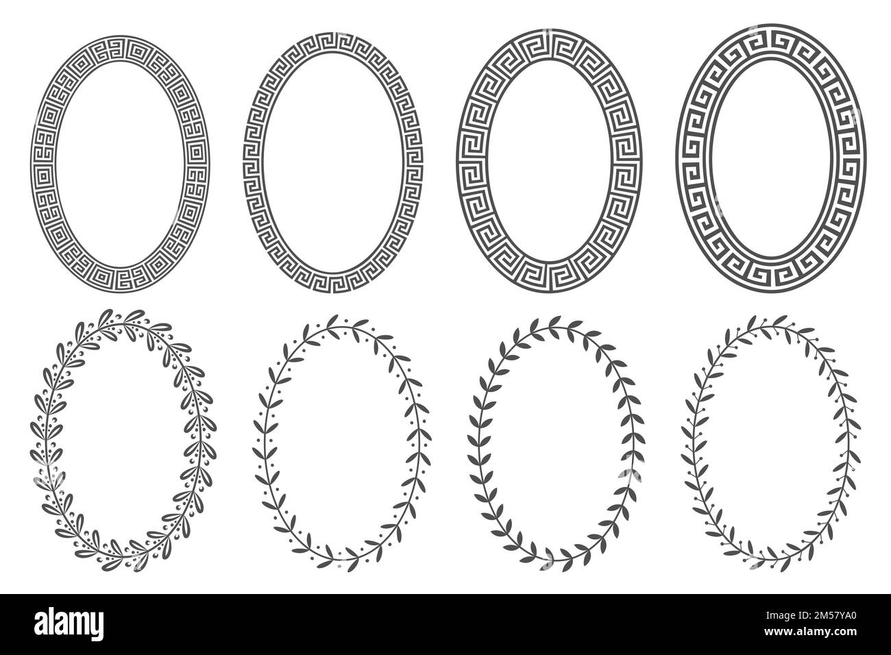 Griechischer Schlüsselrahmen mit ovalem Rahmen. Kreisränder mit mäanderförmigen Ornamenten. Ellipse antike Designs. Vektor Stock Vektor