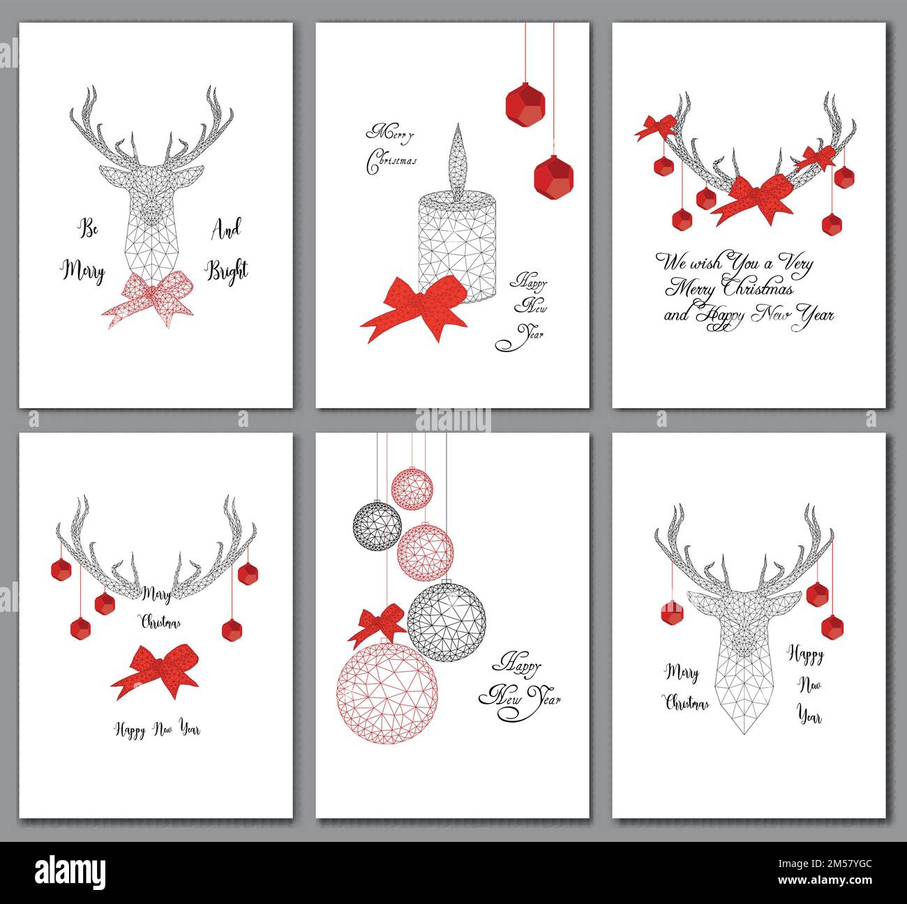 Set mit Weihnachtsgrußkarten mit schwarz-roten, niedrig polygonalen Dekorationen, Hirschkopf, Kugeln, Schleife, Kerze und Text isoliert auf weißem Hintergrund Stock Vektor
