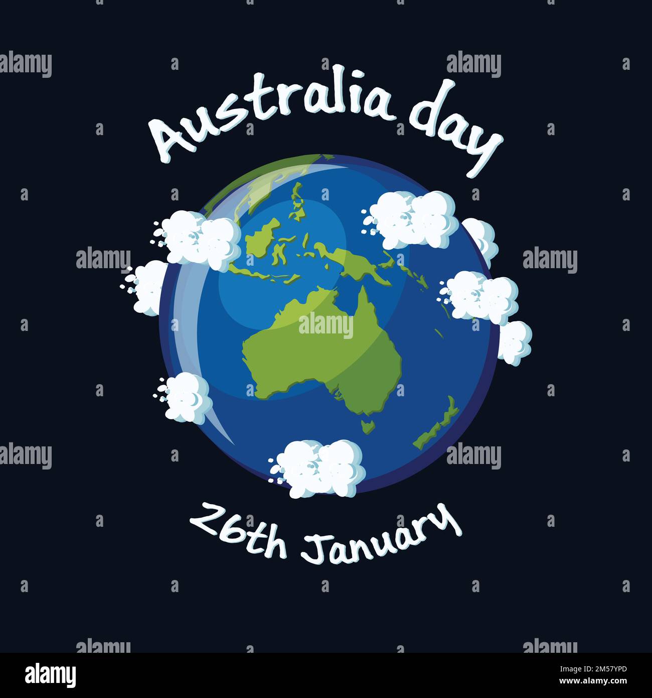 Grußkarte zum Australientag, 26. Januar mit Karte, Globus, Wolken und Text. Cartoon-Vektordarstellung im flachen Stil. Stock Vektor