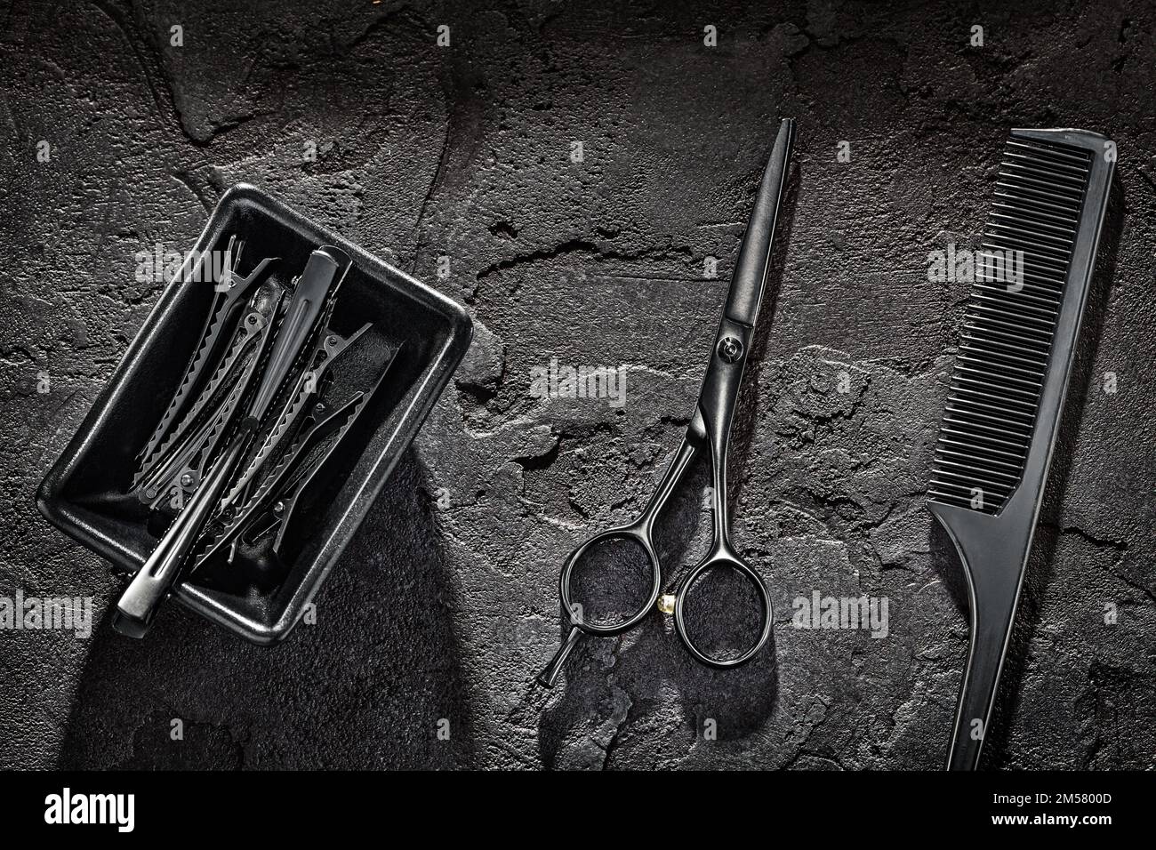 Black Barber Tools. Friseursalon. Professionelle Friseurschere, Karbon-Kammschwanz Und Haarnadel In Kleiner Quadratischer Schüssel. Auf Schwarz Stockfoto