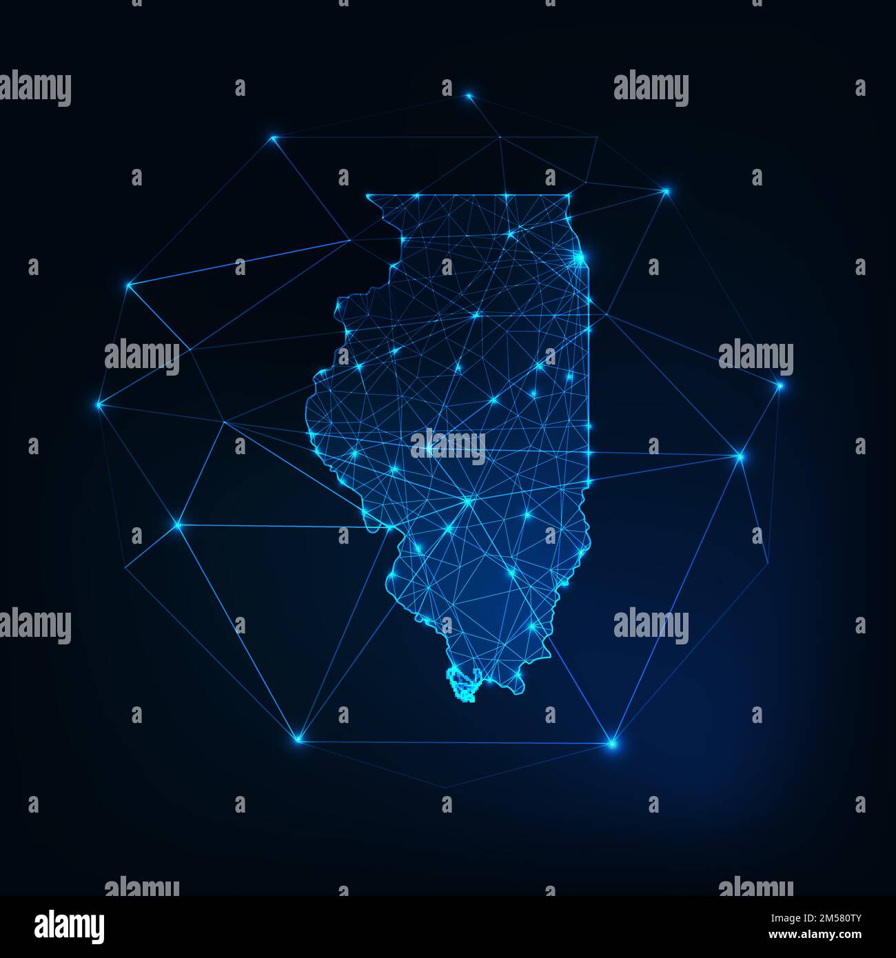 Der Bundesstaat Illinois, USA, zeichnet sich durch eine glühende Silhouette aus, die aus Sternenlinien, Punkten, Dreiecken und niedrig polygonalen Formen besteht. Kommunikation, Internet-Technologien conce Stock Vektor