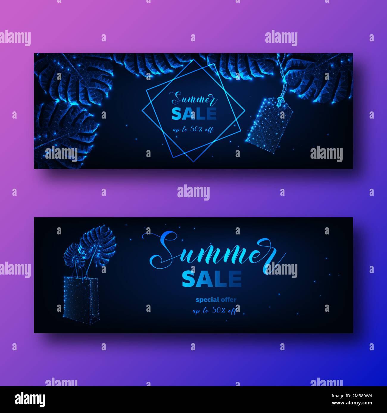 Futuristische Banner für Sommerangebote mit glühenden tropischen Blättern mit niedrigem Poly-Monstera, Preisschild und Einkaufstasche sowie Promotext auf dunkelblauem Hintergrund. Stock Vektor