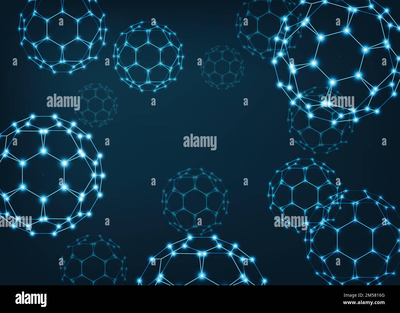 Abstrakter wissenschaftlicher Hintergrund mit Buckyball-Fullerenmolekülen. Nanowissenschaftskonzept. Punkte und Linien, polygonale Drahtmodellkonstruktion. Vektor Stock Vektor