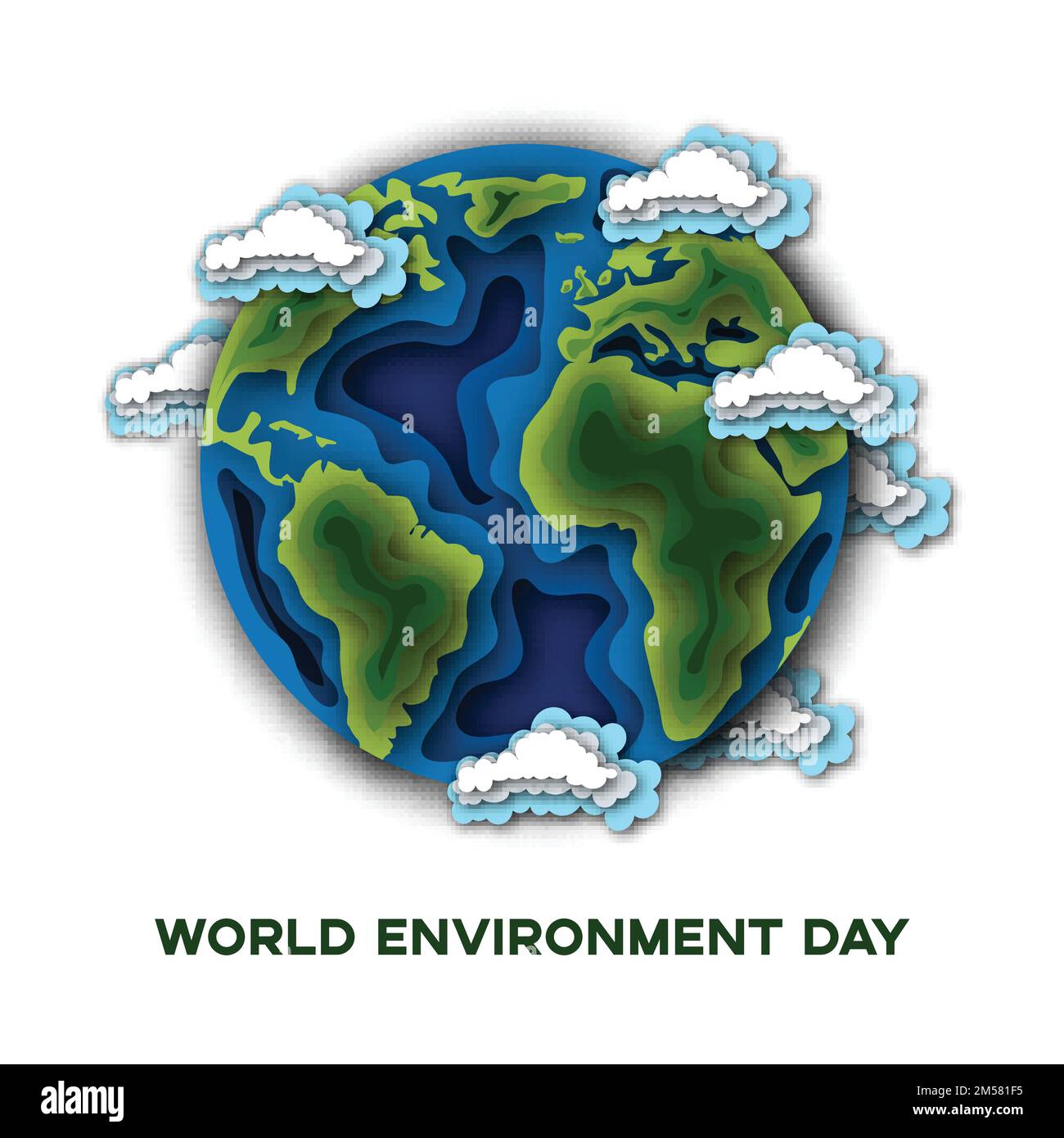 Vorlage für die Grußkarte zum Weltumwelttag mit dem Planeten Erde, Wolken und Text isoliert auf weißem Hintergrund. Ökologiekonzept. Papierausschnitt Vec Stock Vektor