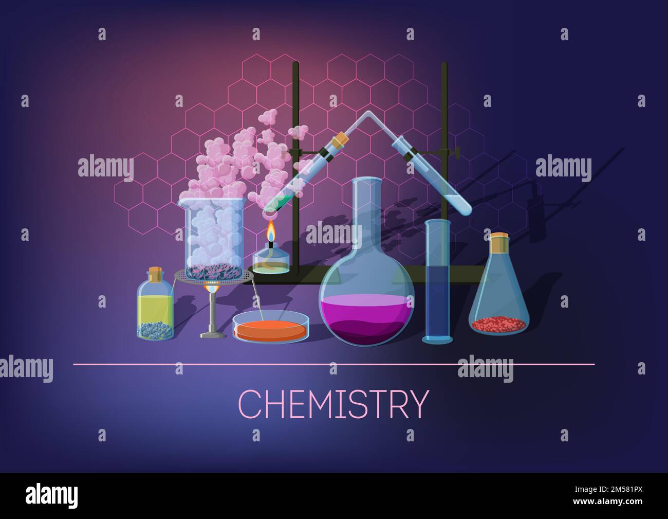 Chemiekonzept mit verschiedenen chemischen Geräten und Glasgeräten, Laufversuch und chemischen Reaktionen. Wissenschaftliche Forschung und Analyse. Vektor Stock Vektor