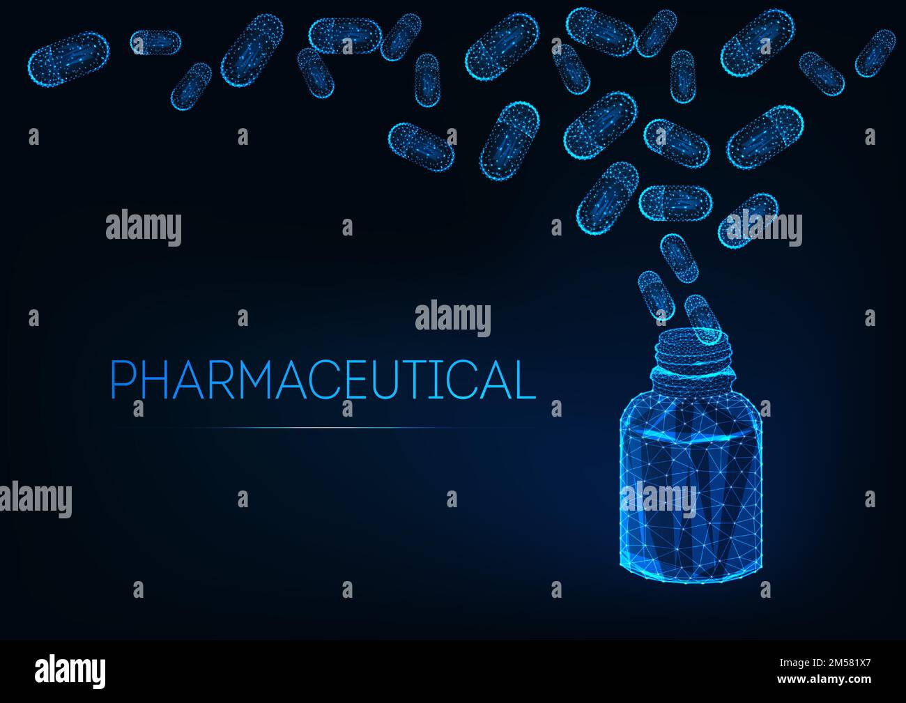 Futuristisches pharmazeutisches Konzept mit offener Arzneimittelflasche und Kapselpillen auf dunkelblauem Hintergrund. Innovationen in der Pharmakologie. Leuchtendes Polygon Stock Vektor