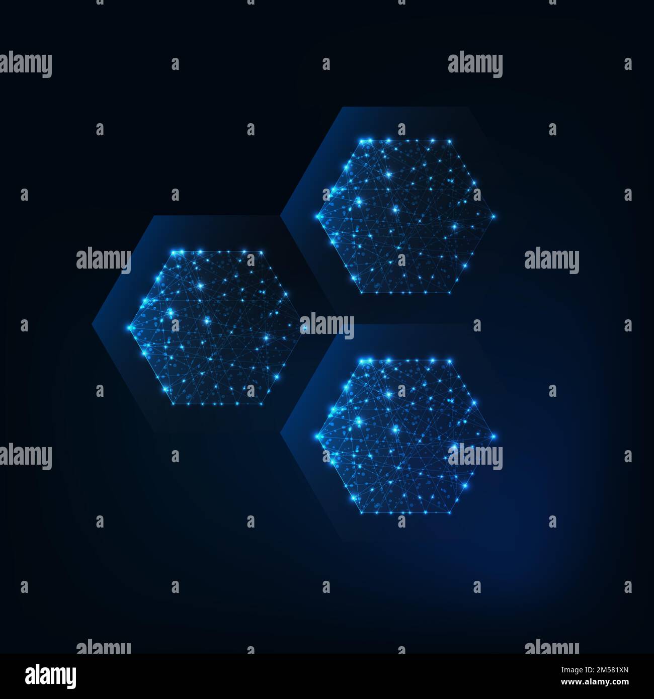 Molekül mit abstrakter sechseckiger Struktur aus leuchtenden Linien, Sternen, Punkten und niedrigen polygonalen Formen auf dunkelblauem Hintergrund. Kosmetikformel, medizinisches Gasthaus Stock Vektor