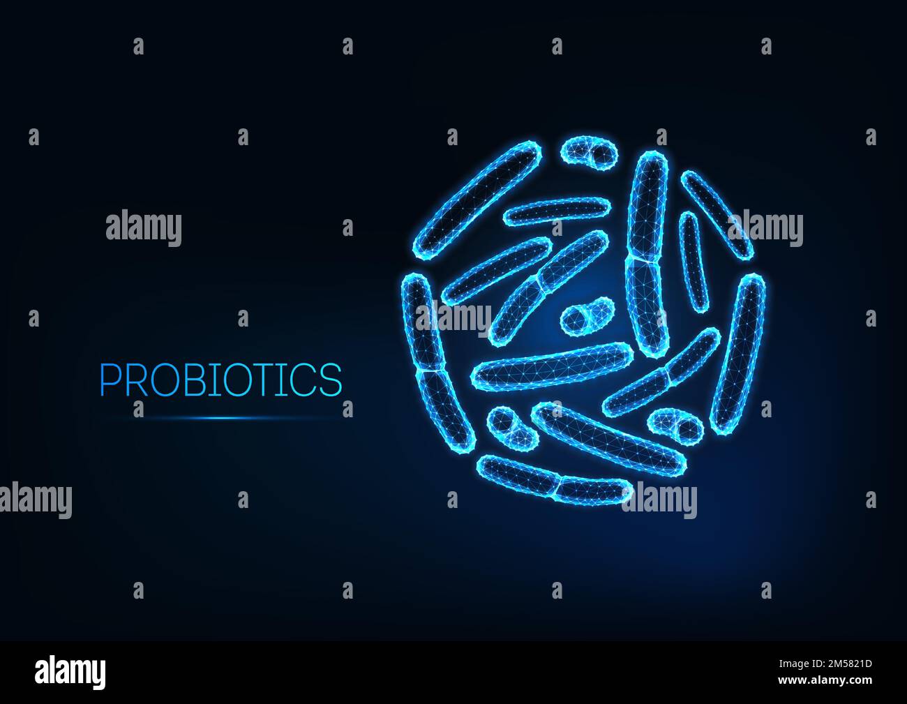 Probiotika im Mikroskop. Grampositive Bakterien, Bazillen. Normale Darmflora, bifidobacterium. Mikrobiologische Forschung. Futuristisches Drahtmodell Stock Vektor