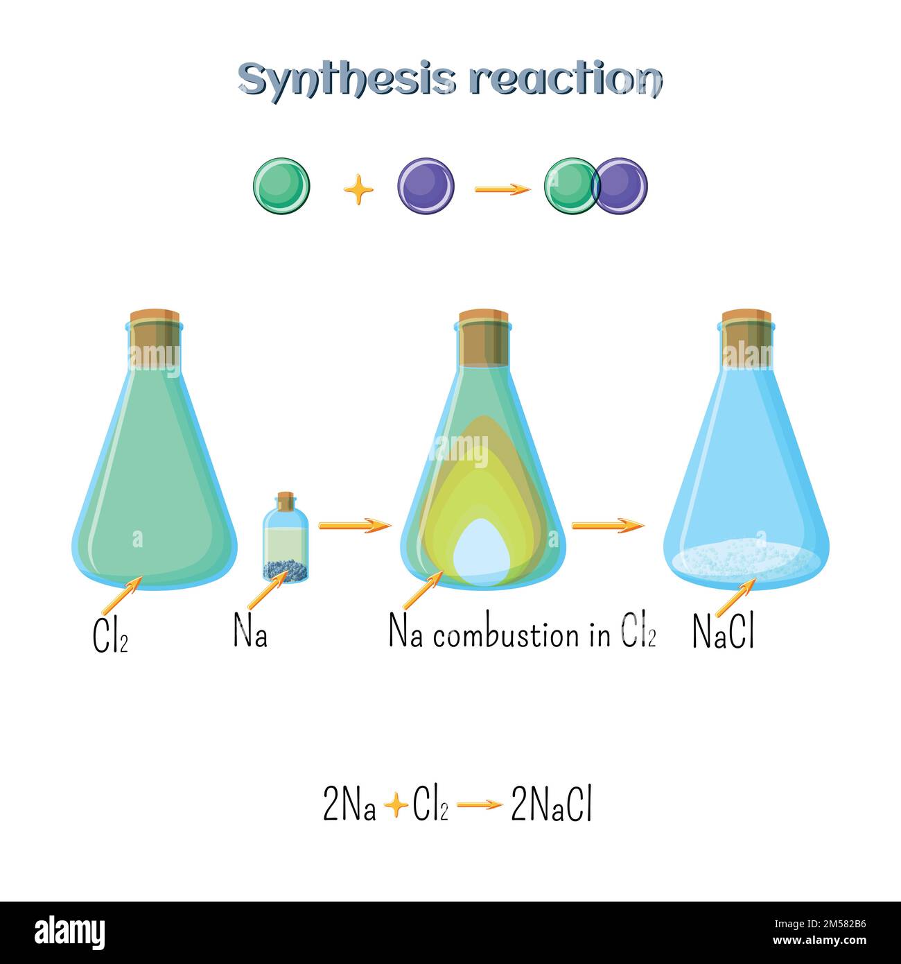 Synthesereaktion - Natriumchloridbildung von Natriummetall und Chlorgas. Arten chemischer Reaktionen, Teil 1 von 7. Lehrchemie für k Stock Vektor