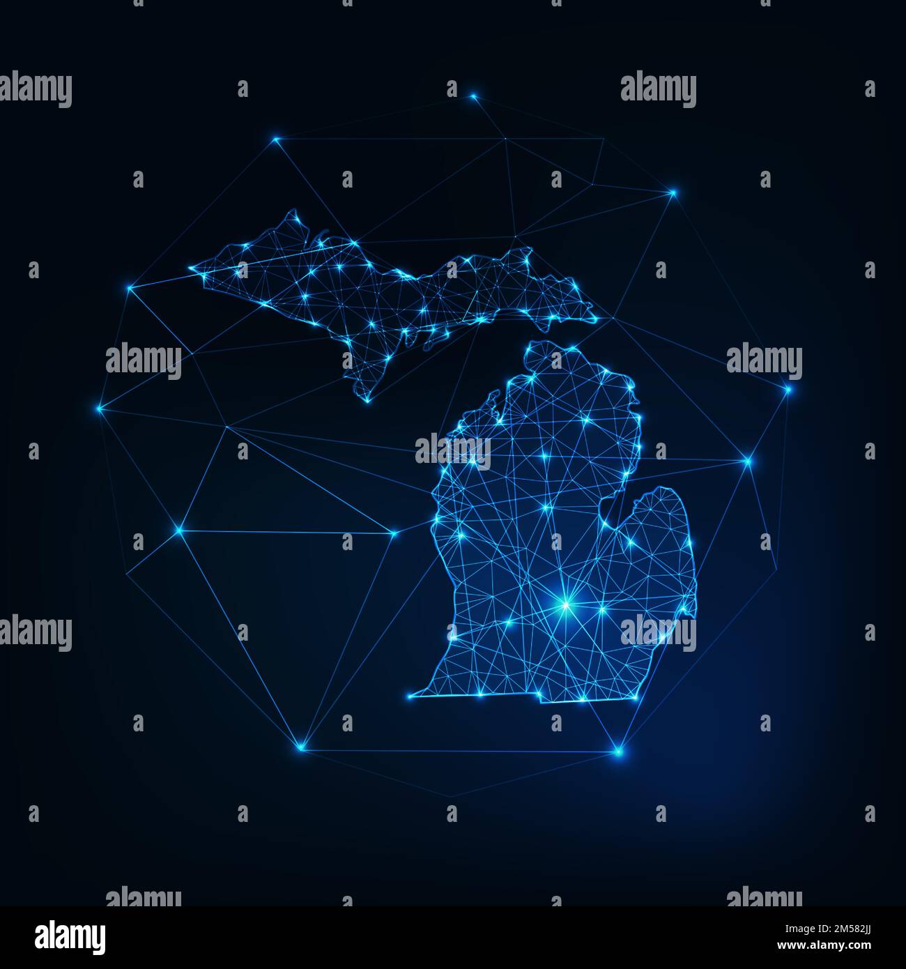 Der Bundesstaat Michigan, USA, hat eine glühende Silhouette aus Sternenlinien, Dreiecken und niedrigen polygonalen Formen. Kommunikation, Internet-Technologie-Konzept. W Stock Vektor
