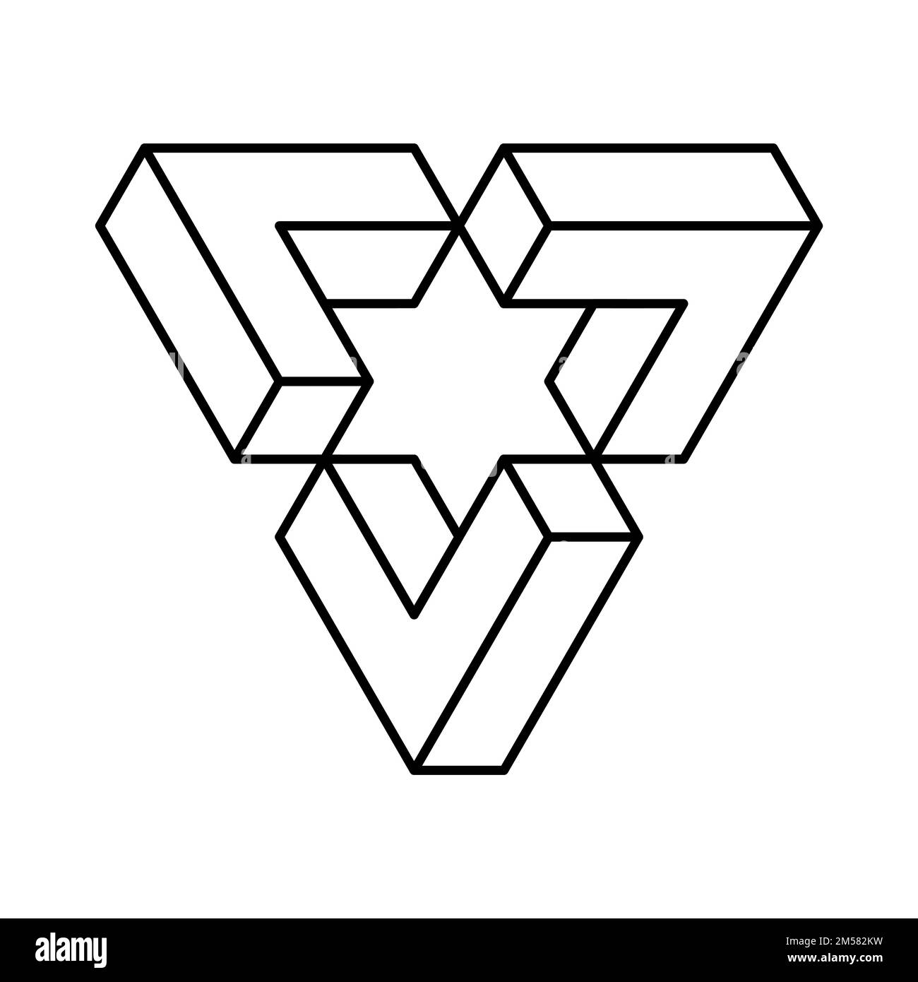 Unmögliches lineares Dreieck. Penrose-Form. Geometrisches Objekt von Esher. Optische Täuschung visueller Effekt. Logo-Vorlage aus drei symmetrischen Teilen Vektor. Stock Vektor