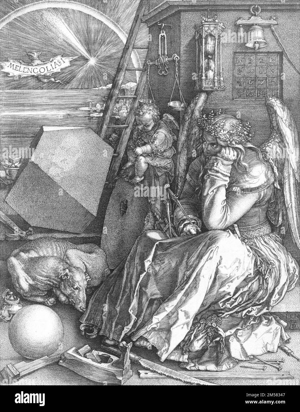 Die Gravur "Melencolia I" von Albrecht Dürer (1471-1528). Gravur des 1514. Stockfoto
