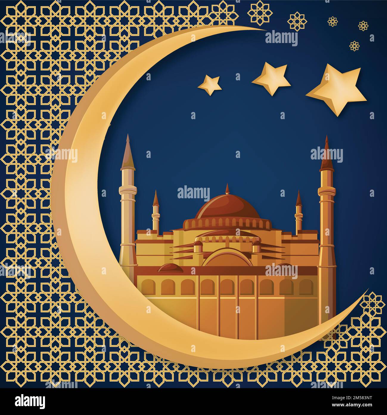 Abstrakte Hintergrundvorlage für Ramadan Kareem mit hagia sophia oder Moschee, goldenem Mond, Stern, Text und arabischen Verzierungen. Vektordarstellung, EPS10. Stock Vektor