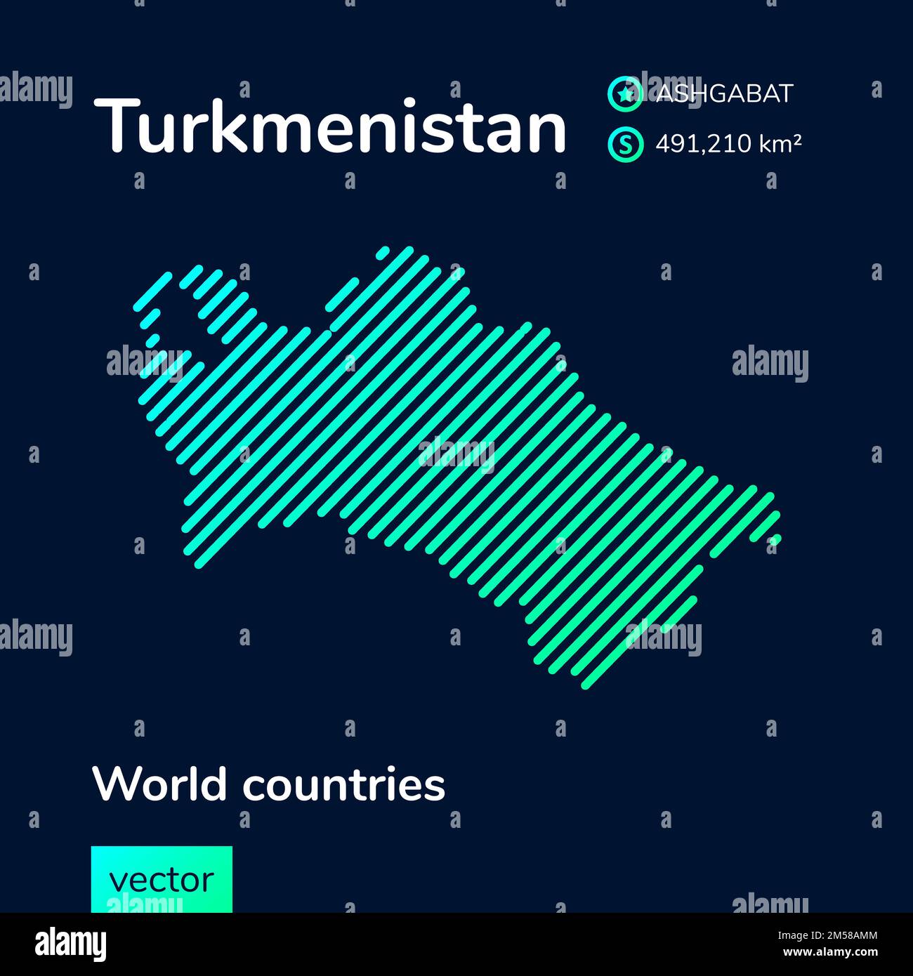 Vector kreative digitale Neonkunst abstrakte einfache Karte Turkmenistans mit grüner, mintgrüner, türkisfarbener Streifenstruktur auf dunkelblauem Hintergrund. As El Stock Vektor