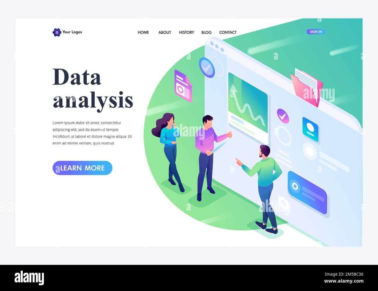 Isometrische junge Menschen stehen auf und analysieren die Daten auf dem Tablet-Bildschirm. Landingpage für Vorlagen. Stock Vektor