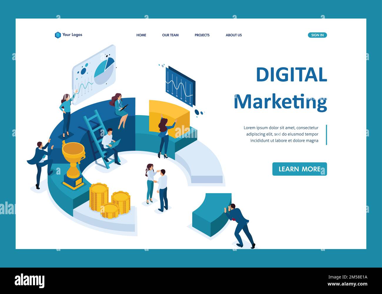 Isometrische Geschäftsleute schreiben einen Bericht über digitales Marketing. Landingpage für Vorlagen. Stock Vektor