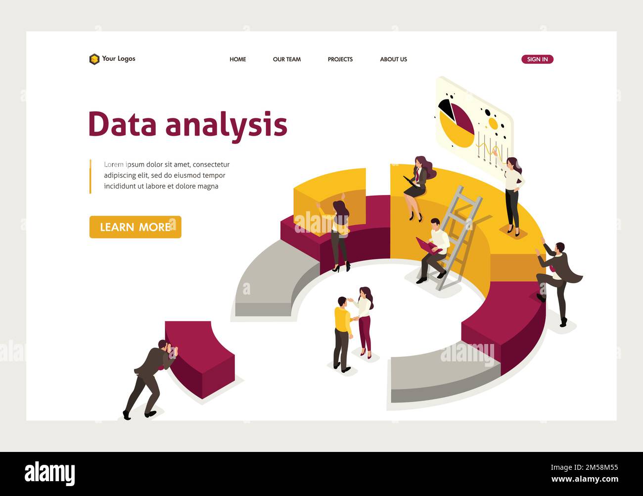 Isometrische Erfassung und Analyse von Daten, Menschen sammeln ein Diagramm. Landingpage für Websitevorlage Stock Vektor