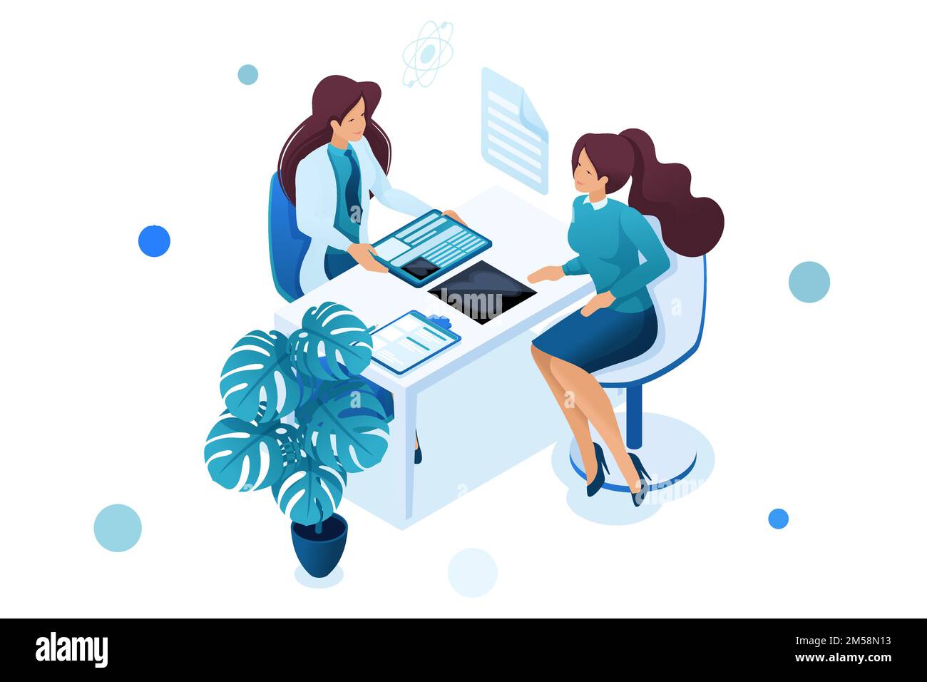 Junge Ärztin berät den Patienten. Gesundheitskonzept. 3D isometrisch. Konzept für Webdesign. Stock Vektor