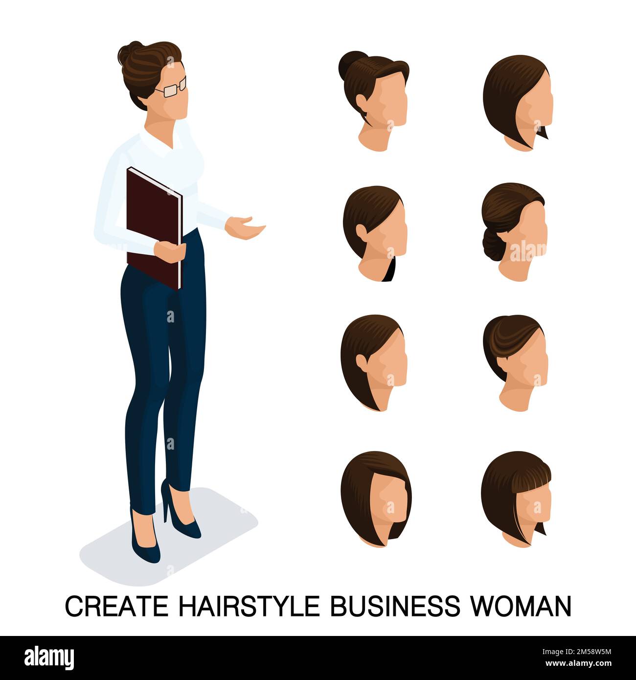 Trendiges isometrisches Set 4, Damenfrisuren. Junge Geschäftsfrau, Frisur, Haarfarbe, isoliert. Schaffen Sie ein Bild der modernen Geschäftsfrau. Vecto Stock Vektor
