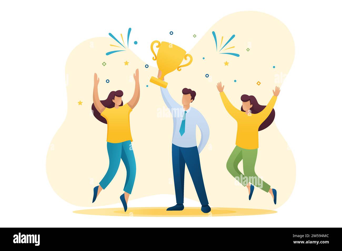 Erfolgreicher Geschäftsmann, der einen Sieg feiert, und die Sieger des Triumph Cup. Flache 2D-Zeichen. Konzept für Webdesign. Stock Vektor