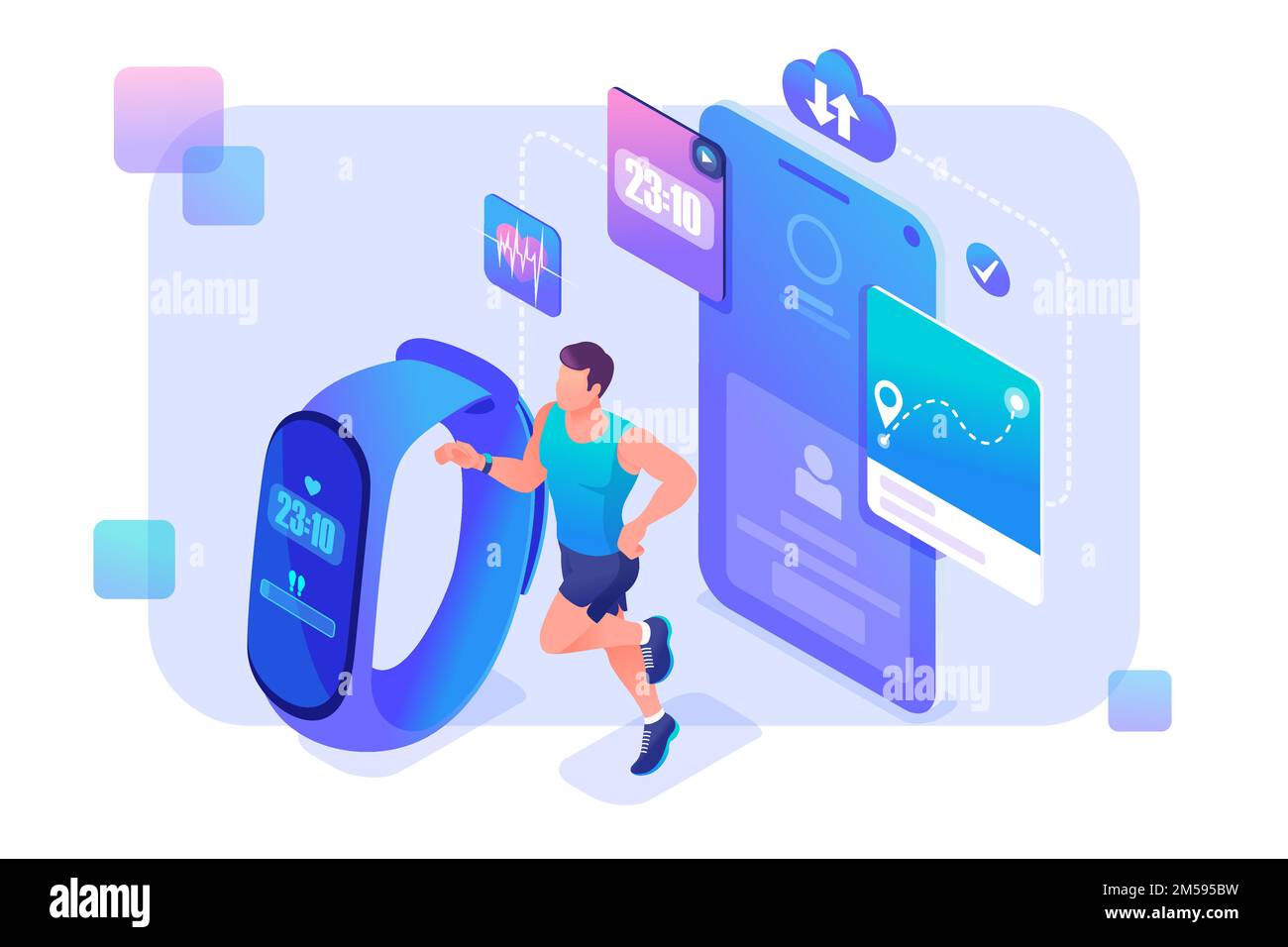 Isometrisches Konzept ein Mann rennt mit einem Fitnessarmband herum und zeichnet seine Workouts auf. Konzept für Webdesign. Stock Vektor