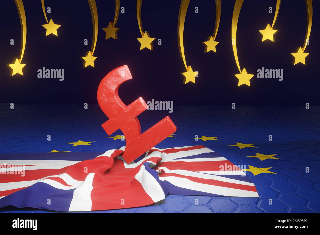 Rotes Pfund Sterling-Schild und britische Nationalflagge auf einem Boden mit EU-Flagge auf dem Hintergrund fallender Sterne. Veranschaulichung des Brexit-Konzepts Stockfoto