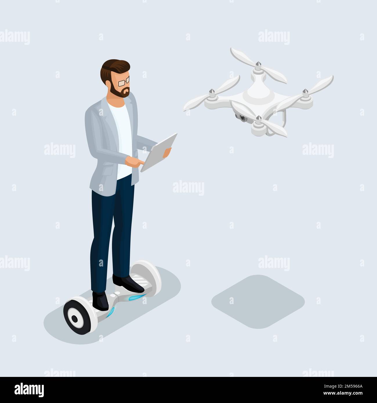 Isometrische 3D Personen, Drohnen-Quadrocopter, Game Sevremennaya, isometrischer Geschäftsmann. GyroScooter-Antriebseinheit. Auf einem hellen Hintergrund. Vektordarstellung Stock Vektor