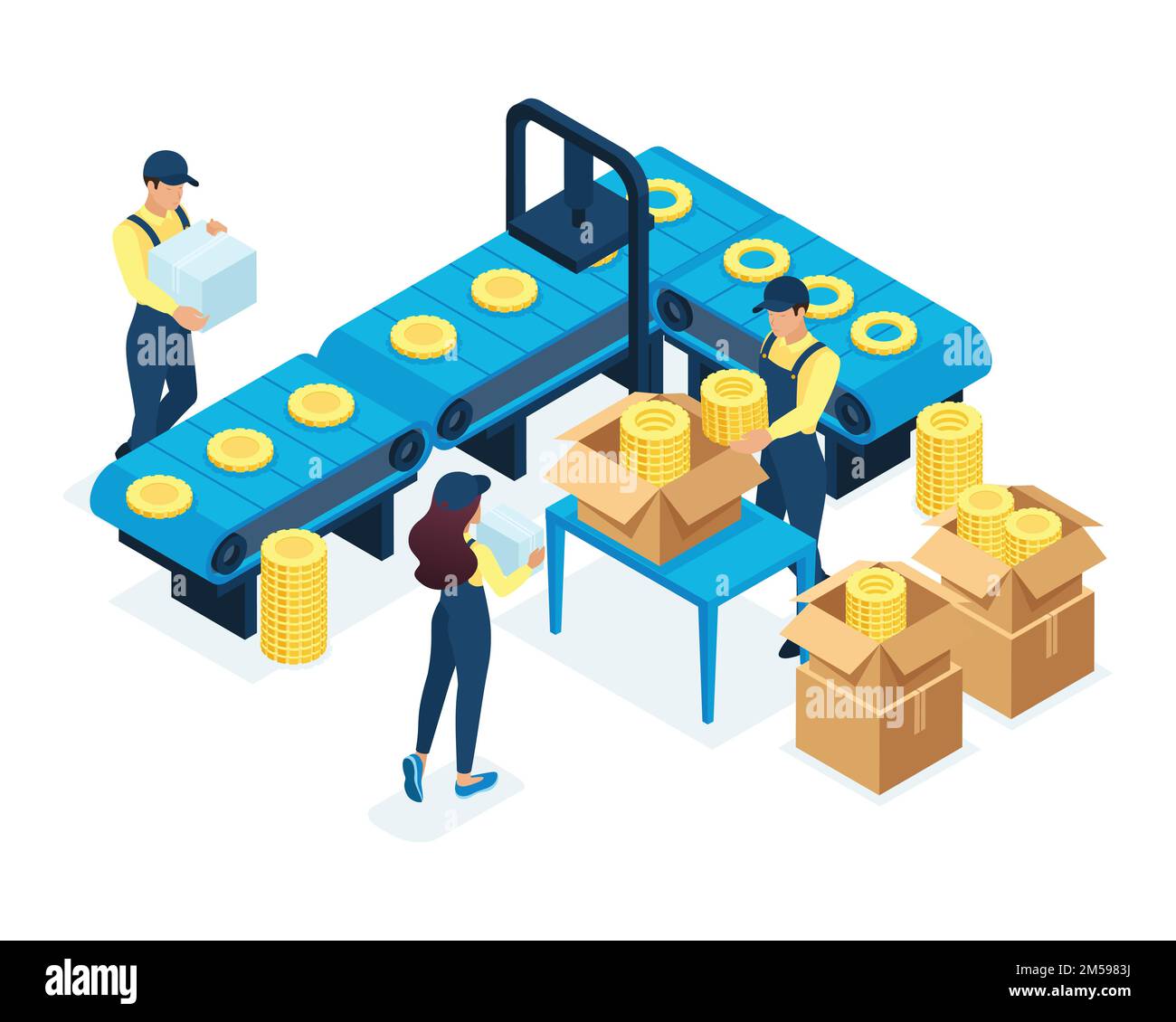 Isometrisches Konzept in der Produktion arbeiten Mitarbeiter an automatischen Produktionsmaschinen. Konzept für Webdesign. Stock Vektor