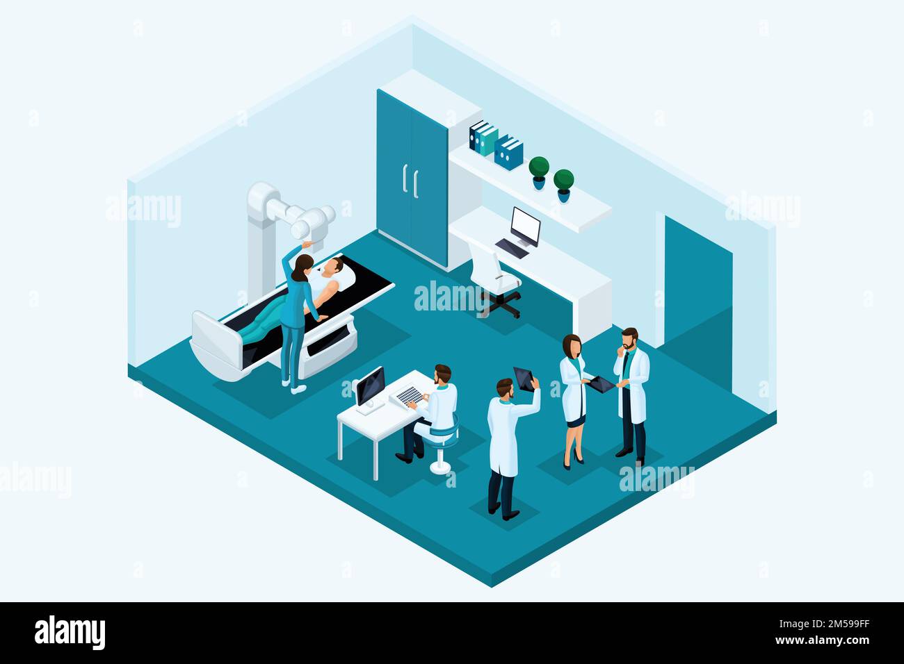 Qualitative Isometrie, 3D Zeichen. Das Konzept des Röntgenraums. Arzttagung, Untersuchung des Patienten am Apparat, Untersuchung von Analysen. Stock Vektor