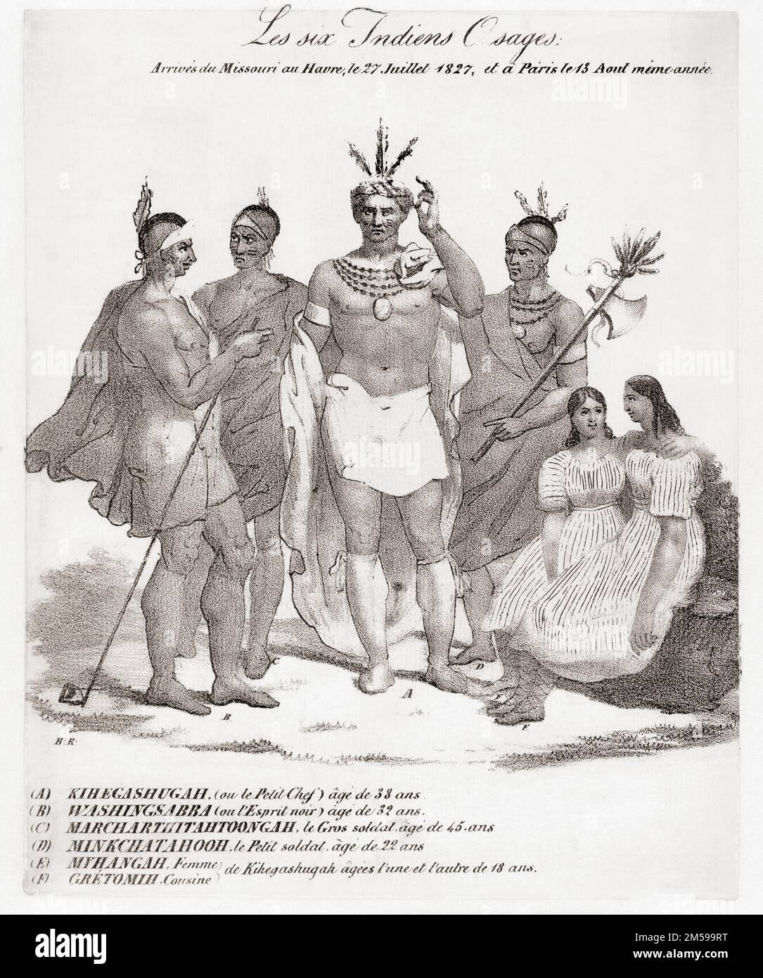 1827 reisten sechs Mitglieder des Osage-Stammes nach Frankreich. Durch den Buchstaben unter ihren Namen identifiziert, waren sie Eine Kihegashugah. B Washingsabba. C Marchitahtoongah. D Minchatahoon. E Mohongo. F Gretomih. Nach einem Druck von 1827. Stockfoto