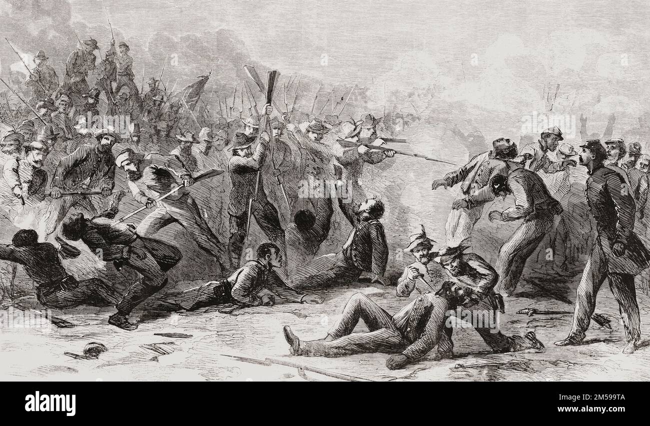 The Battle of Fort Pillow, oder das Fort Pillow Massacre, 12. April 1864, in Henning, Tennessee, USA während des Amerikanischen Bürgerkriegs. Eine in der Unterzahl stehende Garnison der Union in Fort Pillow hat sich einer konföderierten Truppe ergeben, die weiter tötete, obwohl alle Widerstände aufgehört hatten. Viele schwarze Artilleristen, die für die Union kämpften, waren unter den Toten. Nach einer Illustration in Harper's Weekly, 30. April 1864. Stockfoto