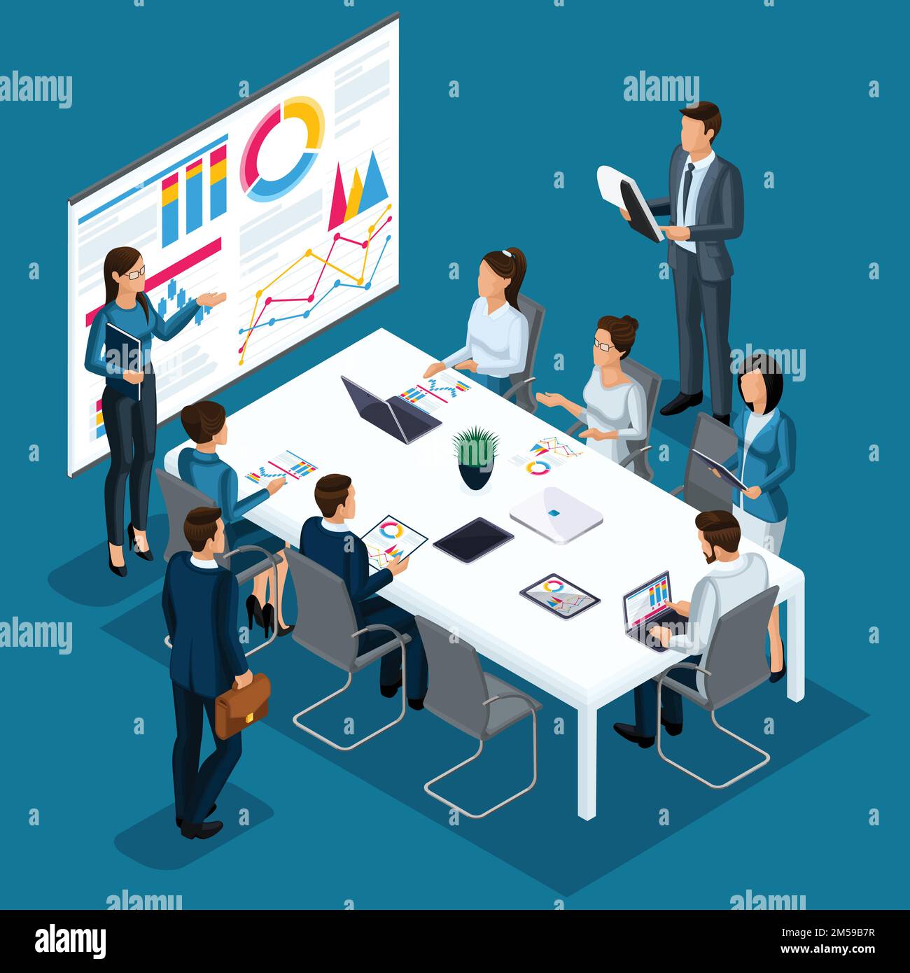 Isometrisches Konzept von Training, Training, Coaching, der Coach zeigt den Prozess auf dem Bildschirm in Form von Diagrammen und Diagrammen an. Stock Vektor