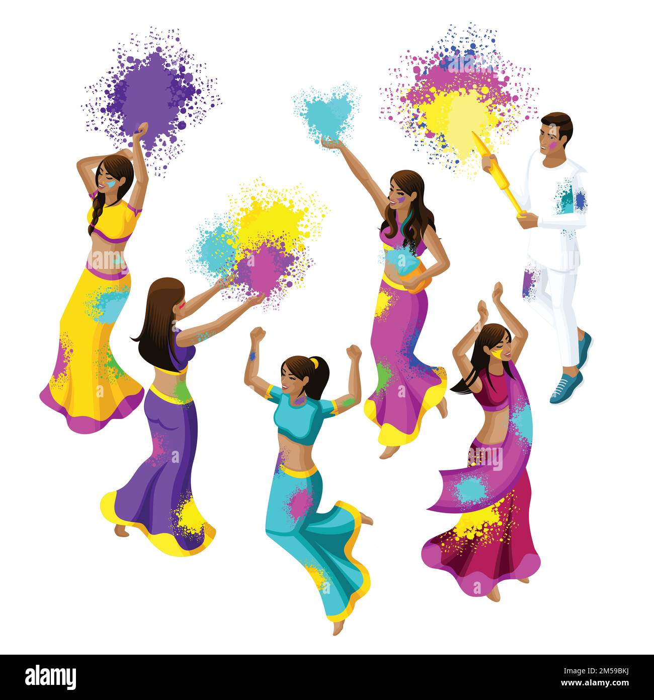 Isometrisches Frühlingsfest, Festival der Farben, Mädchen und Jungs von indischen Frauen springen, Freude, Glück, bunten Puder werfen, schöne Bewegungen, sar Stock Vektor