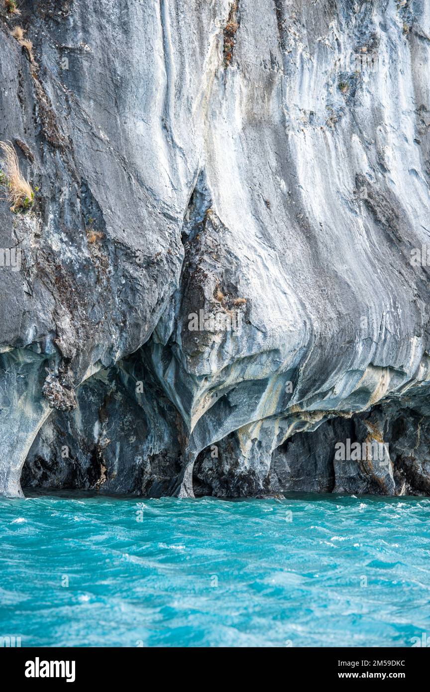 Entlang der Carretera Austral bei den Marmorhöhlen am Lago General Carrera in Chile, Patagonien. Stockfoto