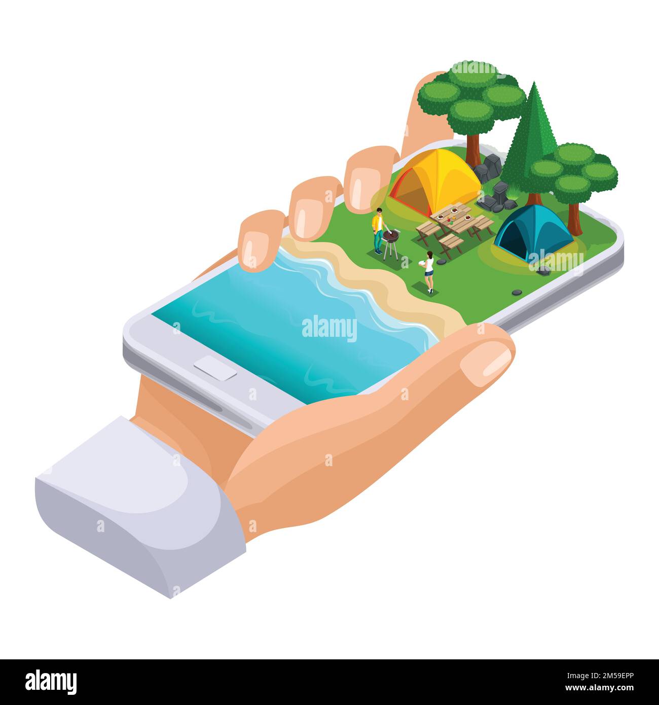 Isometrisches Konzept von Outdoor-Erholung, Ufer des Sees, Freundschaftsurlaub am Wochenende, Zelte, Barbecue, Natur, Wald, Lagerfeuer. Stock Vektor