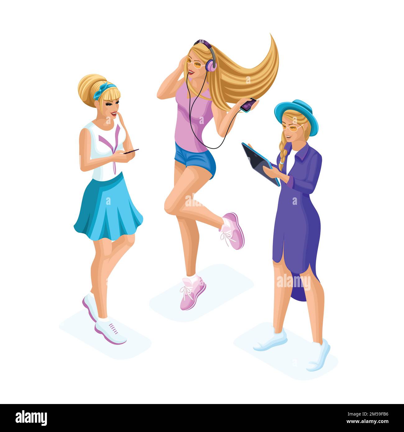Die Isometrie von Mädchen im Teenageralter, Generation Z, kommuniziert in sozialen Netzwerken freundlich, chattet, teilt Geheimnisse über Gadgets, Telefone, Tablets. Stock Vektor