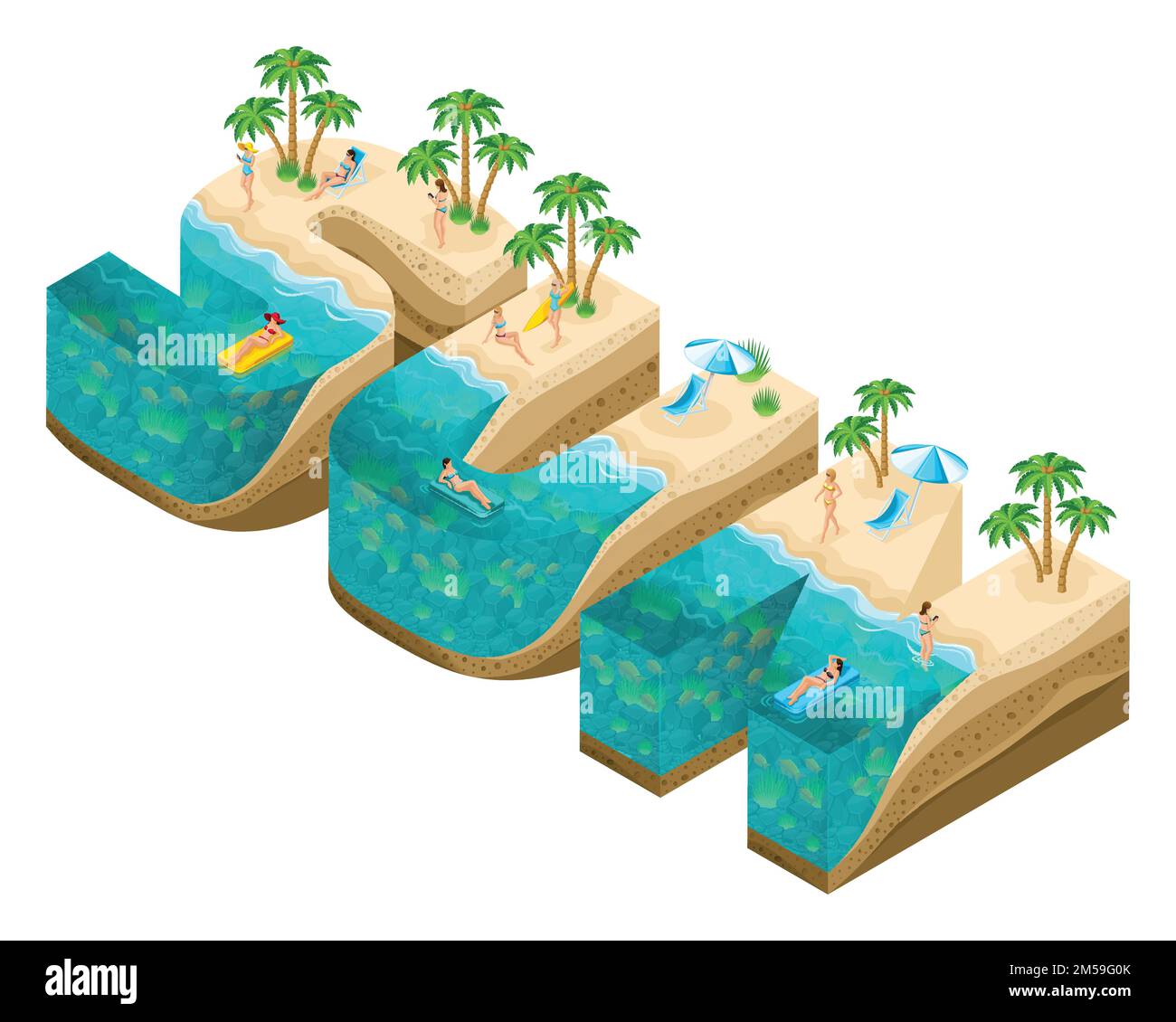 Isometrie-Insel in Form von großen Buchstaben Sonne, 3D Buchstaben, Tiefe der Erde und des Meeres, Unterwasserwelt, Strand, Palmen und Happ Stock Vektor