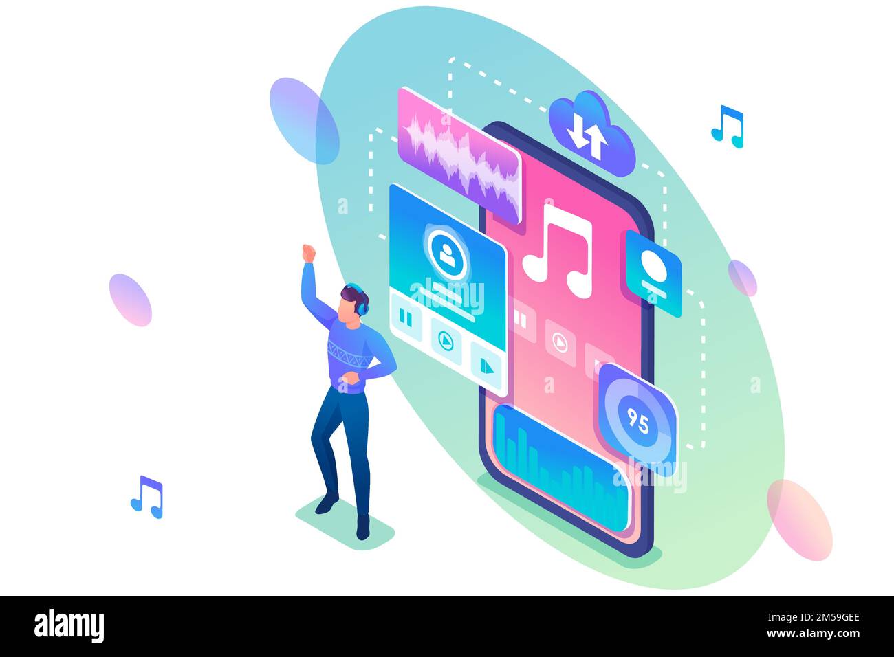 Ein junger Mann tanzt zu der Musik, die auf seinem Handy spielt. Das Konzept des Musikhörens in