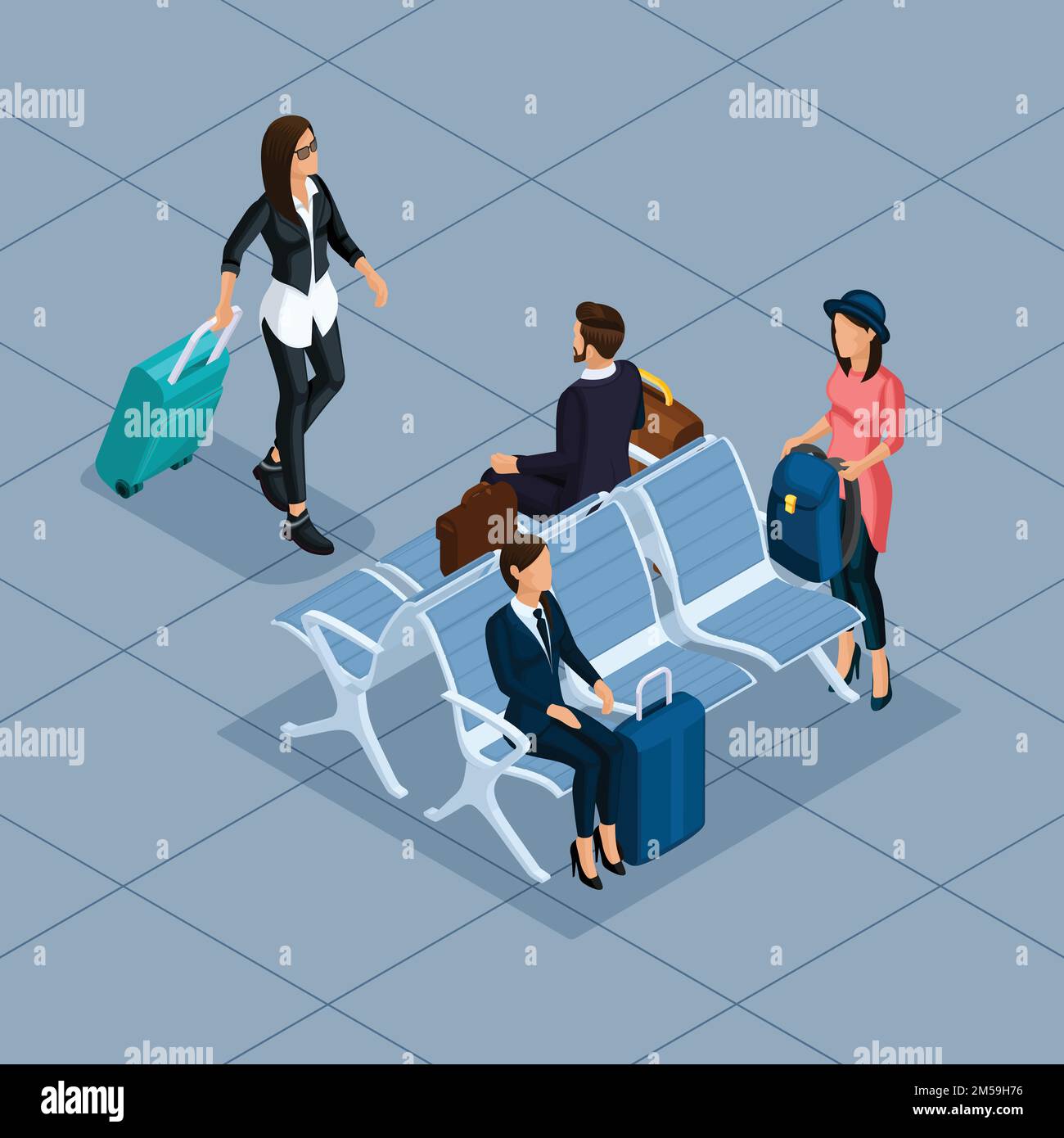 Trendige Menschen Isometrischer Vektor 3D Geschäftsmann, Geschäftsfrau, junge Frau, am Flughafen, Wartezimmer, Geschäfte, Gepäck, Reisen, Urlaub, Passagiere Stock Vektor
