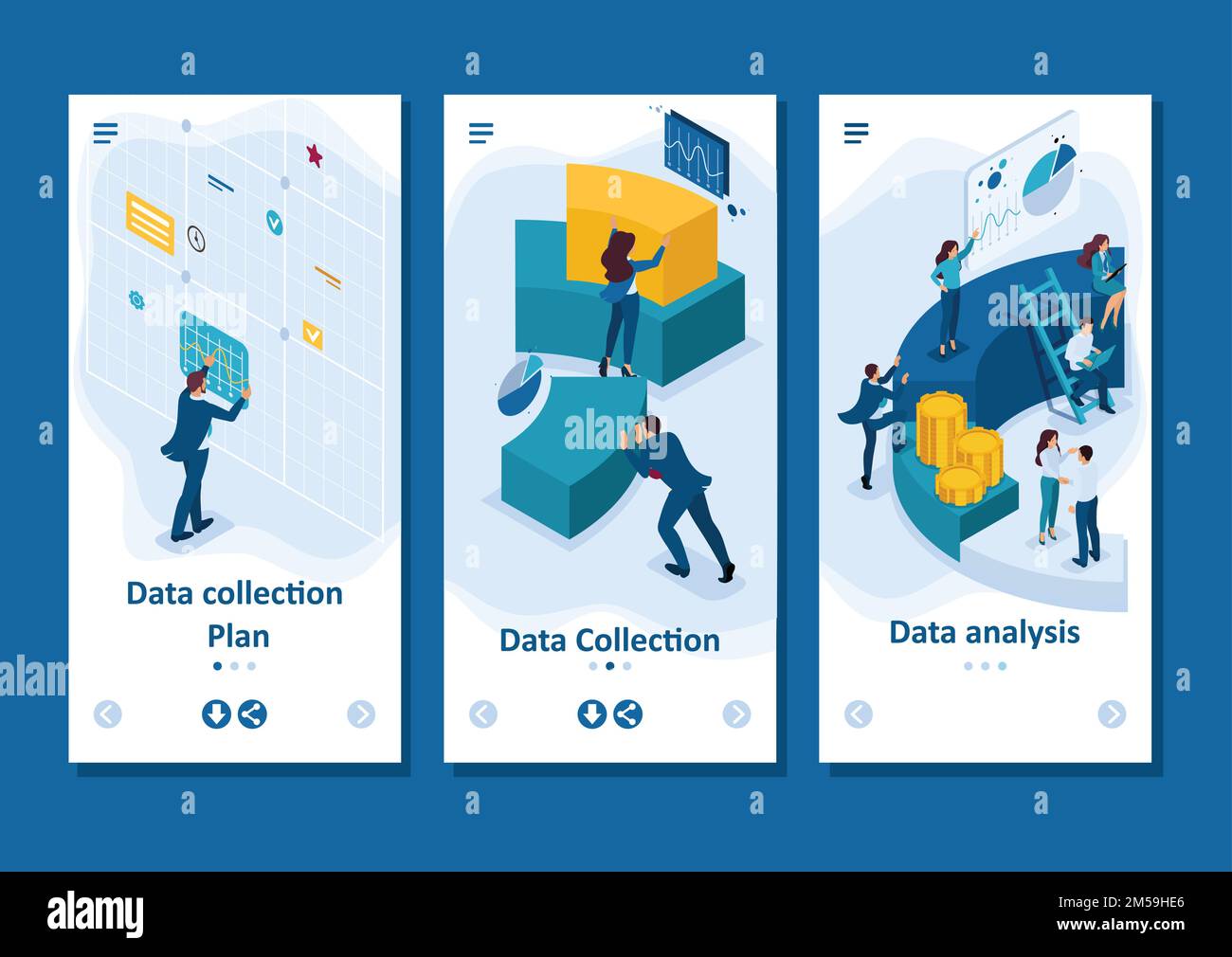 Isometrische Vorlagen-App Geschäftsleute erstellen einen Bericht über digitales Marketing und Smartphone-Apps. Stock Vektor
