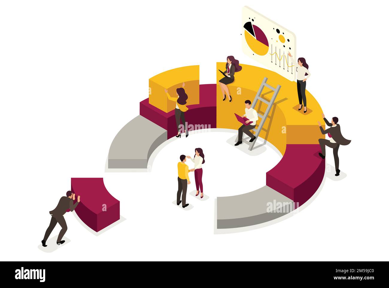 Isometrische Erfassung und Analyse von Daten, Menschen sammeln ein Diagramm. Konzept für Webdesign. Stock Vektor